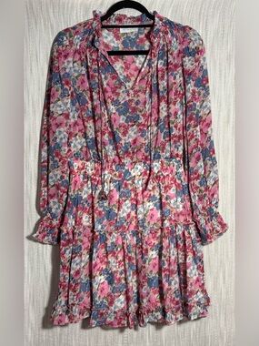 First Love Pink and Blue Floral Tiered Smocked Waist Dress